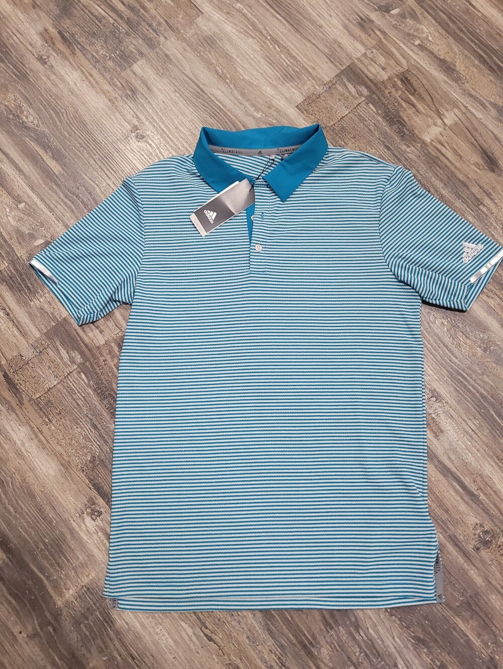 NEW Adidas Golf Polo Mens Teal White Striped Performance SZ S Shirt